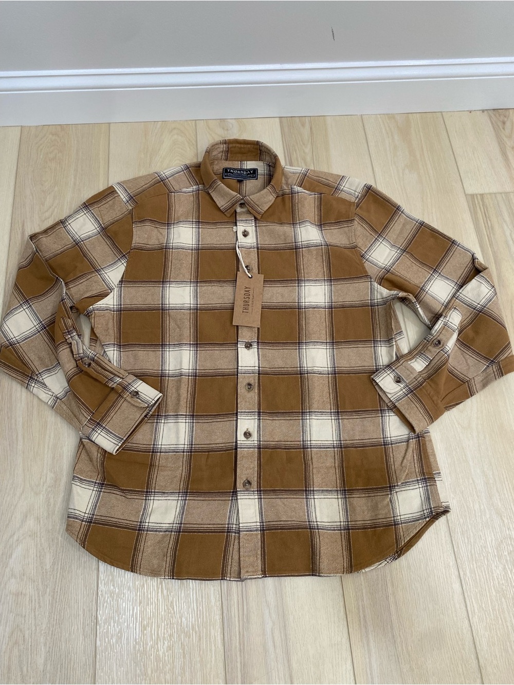 Thursday Boot Quality Goods Flannel Tan Brown Plaid Shirt Mens XL Athletic Fit